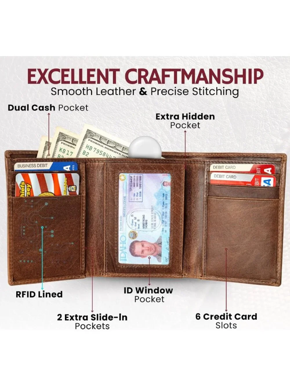 Leather Trifold Wallet for Men - Grizzly Brown, RFID Blocking, ID Holder, Great